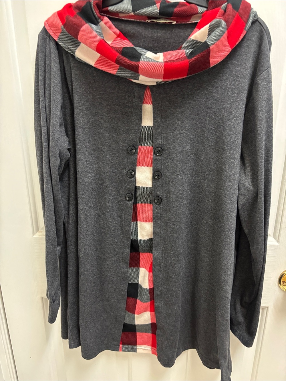 Plaid-Accent Gray Long Sleeve Top with Cowl Neck